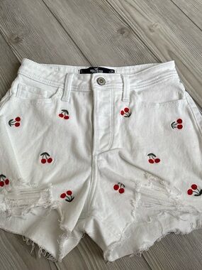 Hollister White Denim Shorts with Red Cherry Embroidery